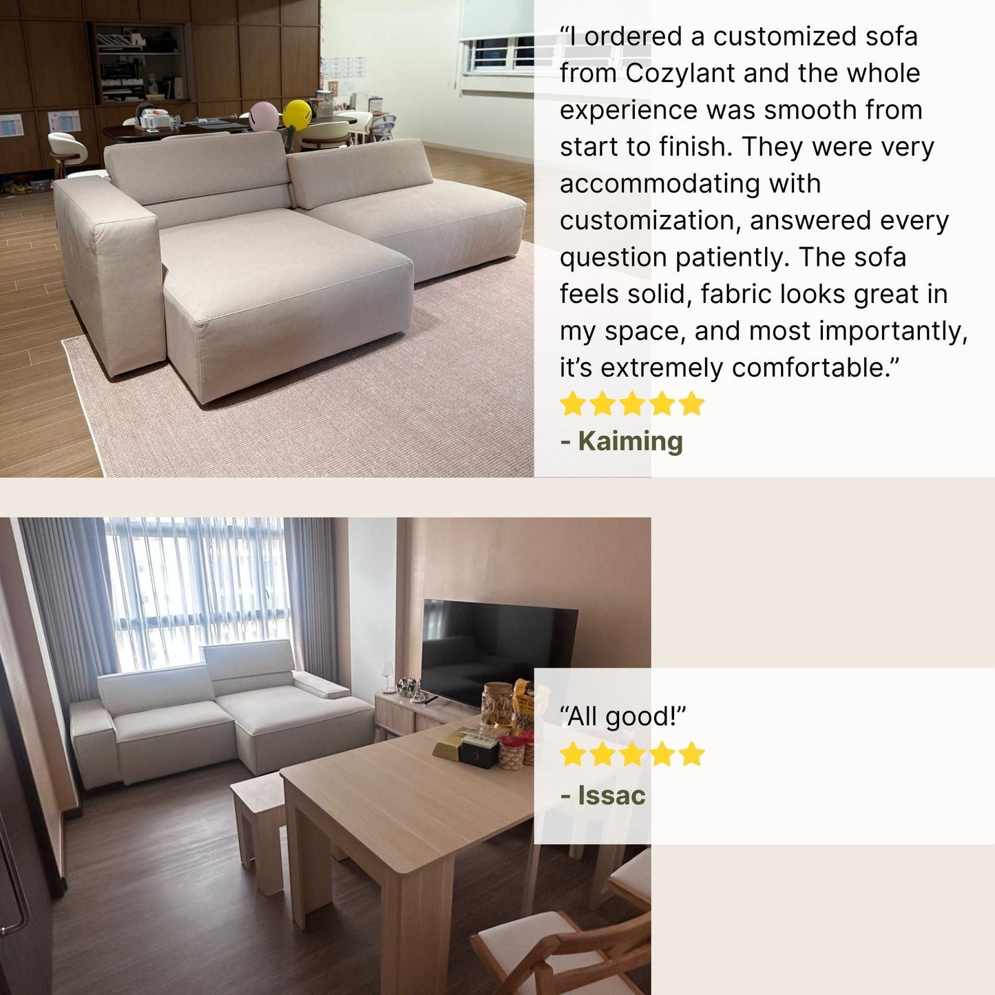White sectional sofa in a living room with customer reviews displayed.