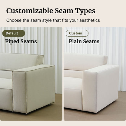 Two couches with different seam styles labeled 'Piped Seams' and 'Plain Seams' on a neutral background.