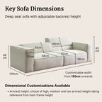Cubix adjustable backrest sofa in beige washable fabric showing key dimensions and available dimensional customizations for seat height and armrest height