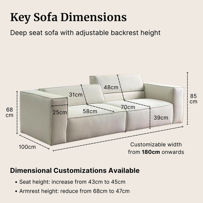 Cubix adjustable backrest sofa in beige washable fabric showing key dimensions and available dimensional customizations for seat height and armrest height