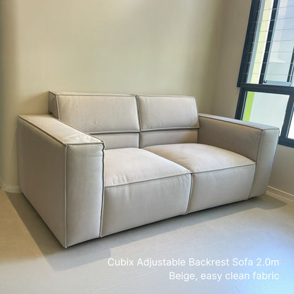 3 seater cubix adjustable backrest sofa in beige easy clean fabric at 2.0m