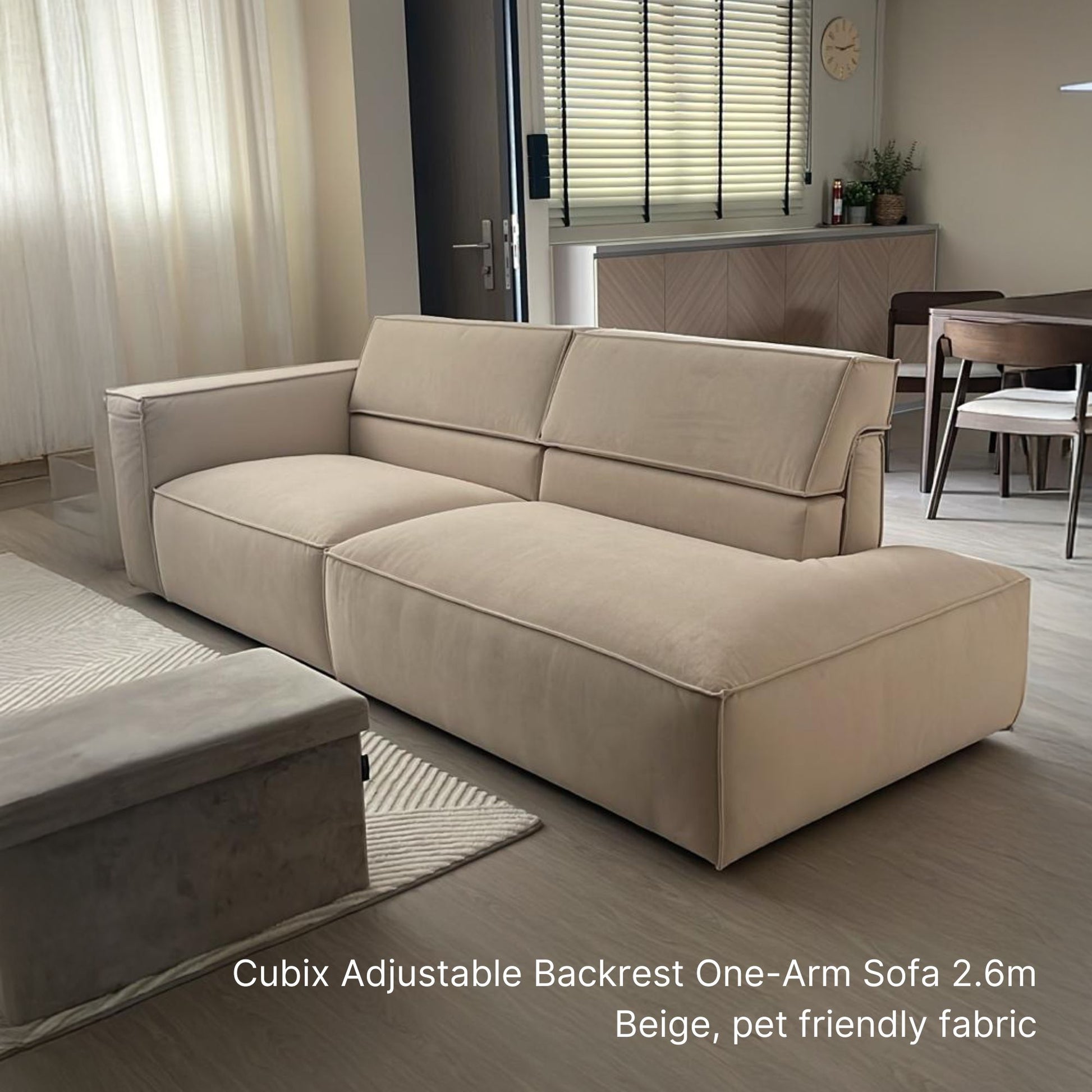 4 seater Cubix adjustable backrest one arm sofa in beige pet friendly fabric at 260cm 