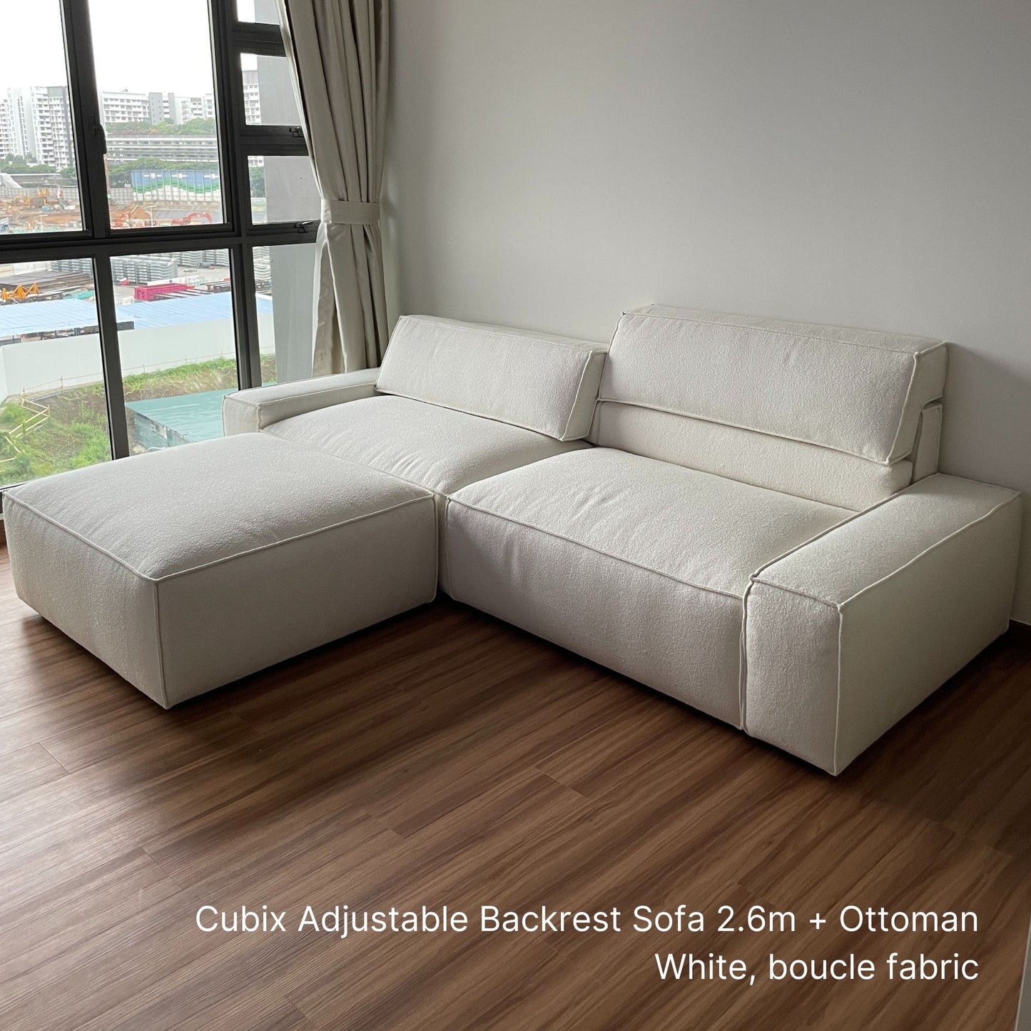 4 seater Cubix adjustable backrest sofa in white boucle fabric at 260cm