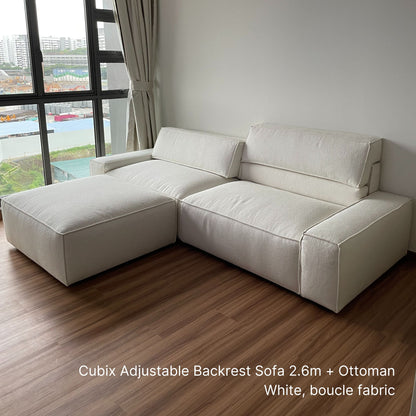 4 seater Cubix adjustable backrest sofa in white boucle fabric at 260cm