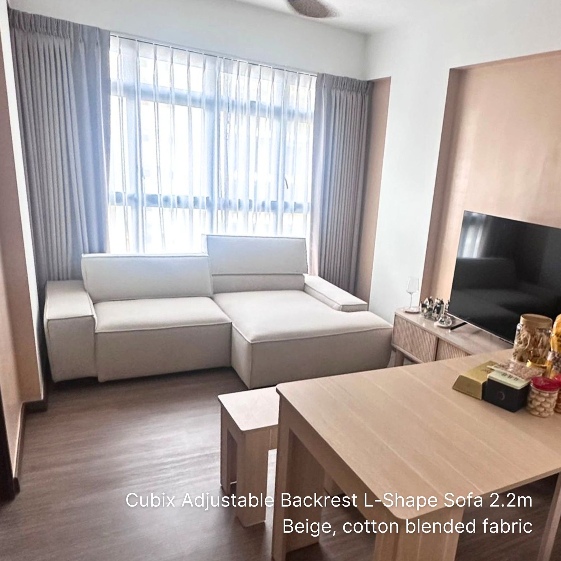 Actual delivery of 220cm 3 seater Cubix adjustable backrest l-shape sectional sofa in beige cotten blended in living room setting