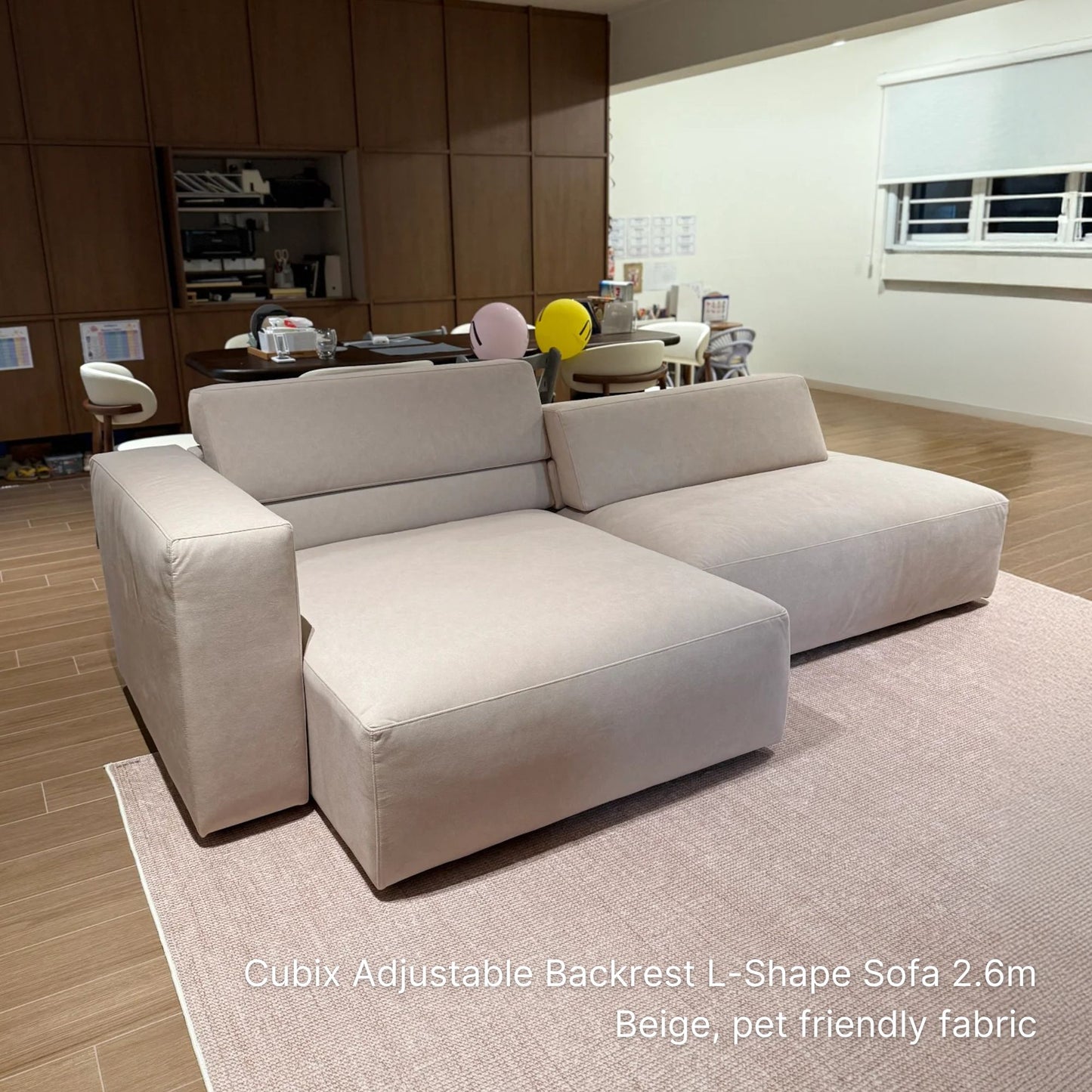 Actual delivery of 4 seater 260cm Cubix adjustable backrest l-shaped sectional sofa with peninsula unit in living room setting