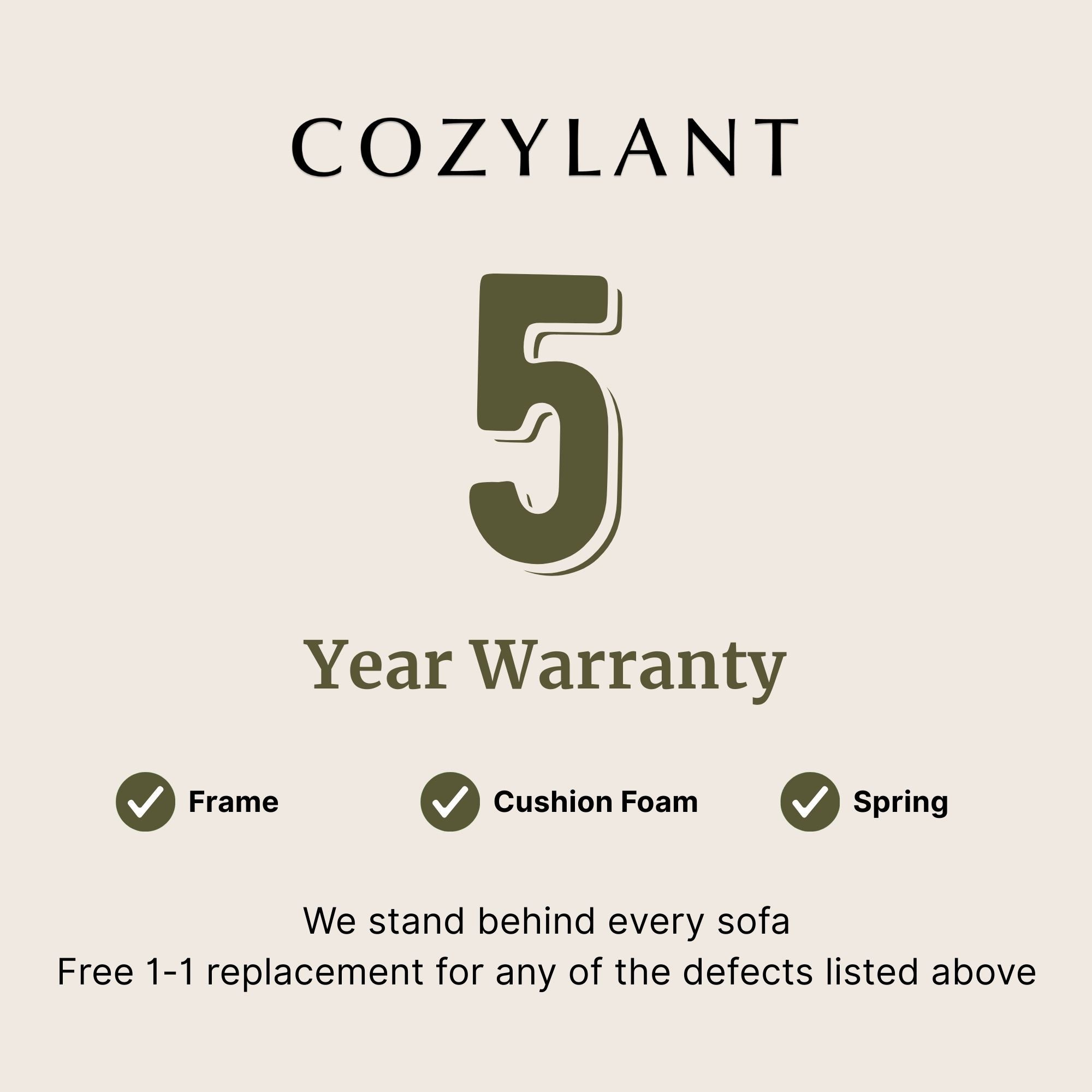 Cozylant 5-year warranty graphic with a beige background