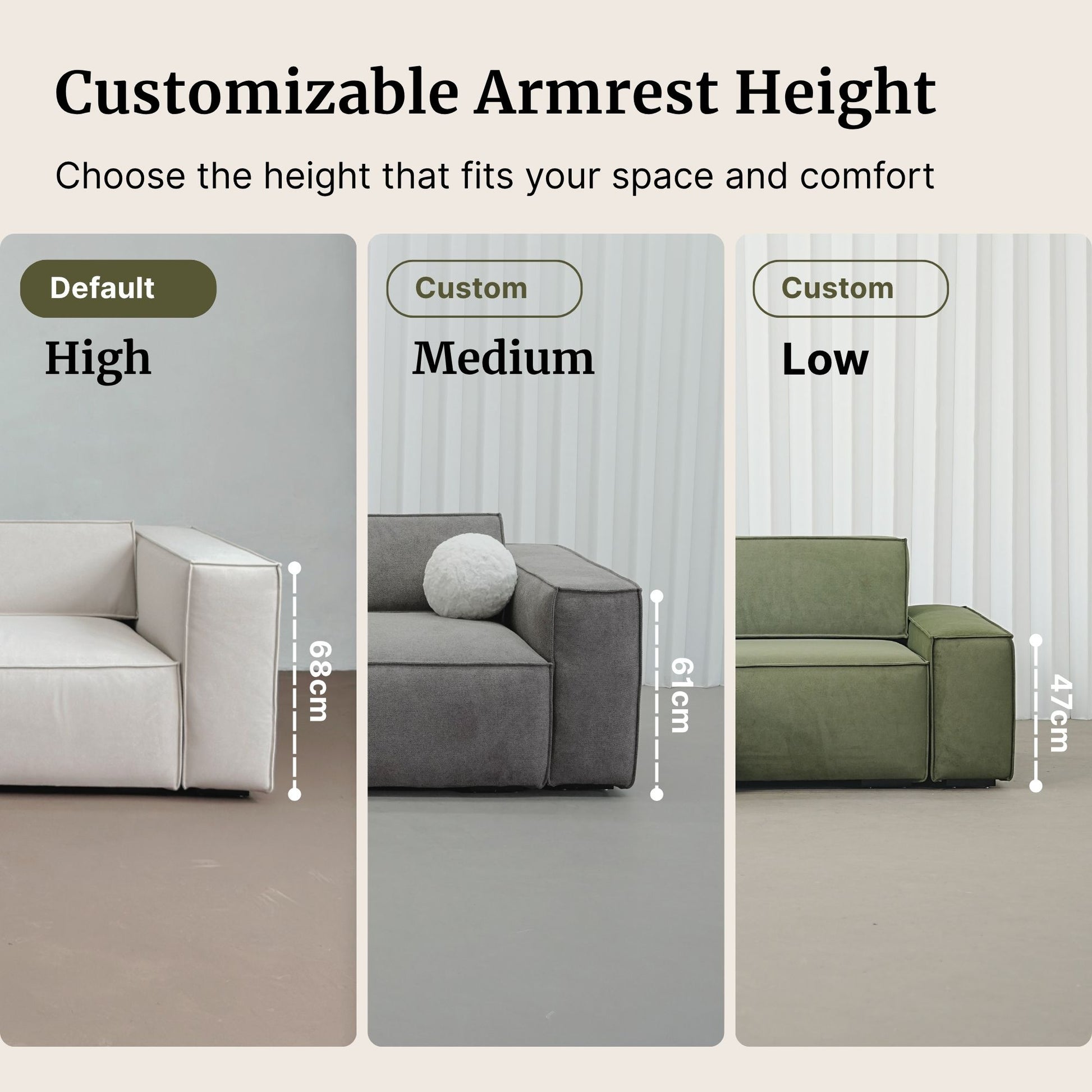 Three different armrest height settings of a modern sofa with text labels.
