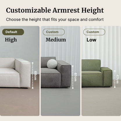 Three different armrest height settings of a modern sofa with text labels.