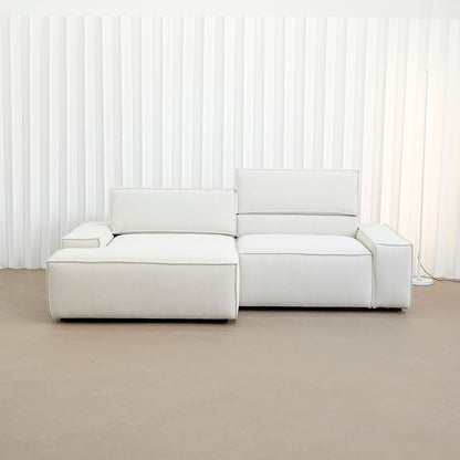 cubix fabric adjustable backrest l-shaped sectional sofa left chaise front view in factory showroom