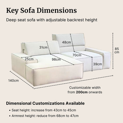 Diagram of a deep seat sofa with adjustable backrest height, showing dimensions on a beige background.