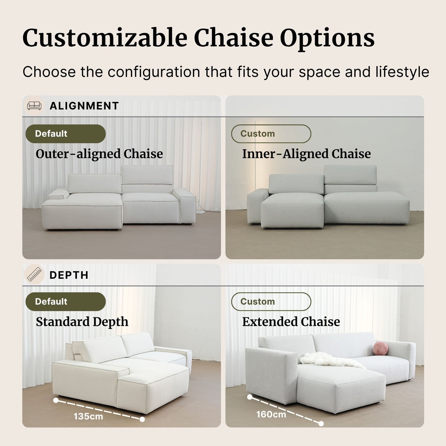 Customizable chaise options for a sofa with alignment and depth choices.