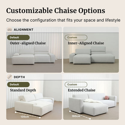 Customizable chaise options for a sofa with alignment and depth choices.