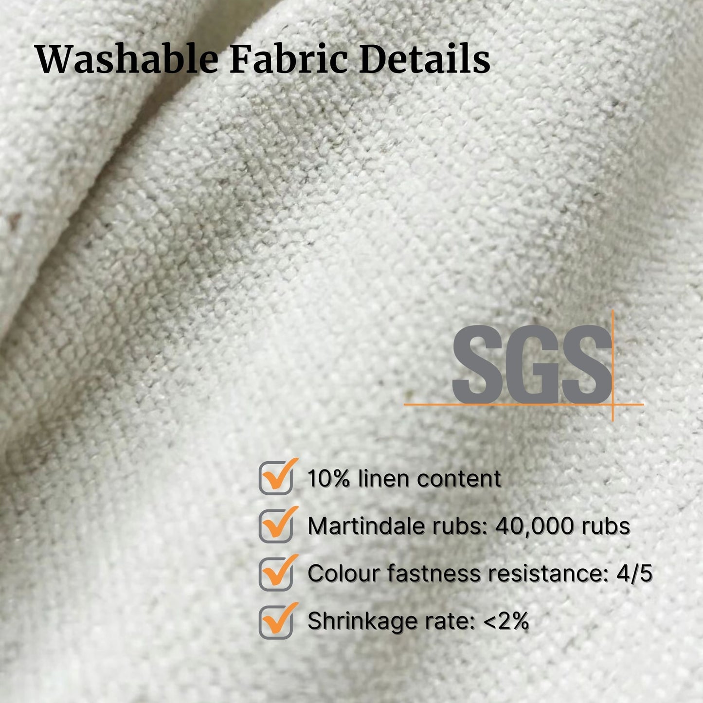 Washable fabric details with SGS certification on a textured fabric background