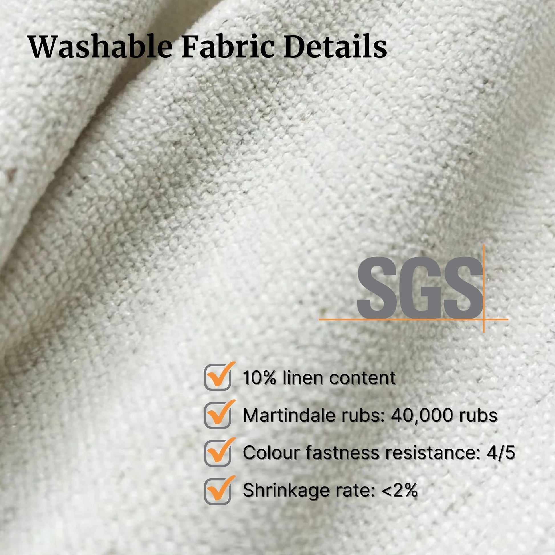 Washable fabric details with SGS certification on a textured fabric background