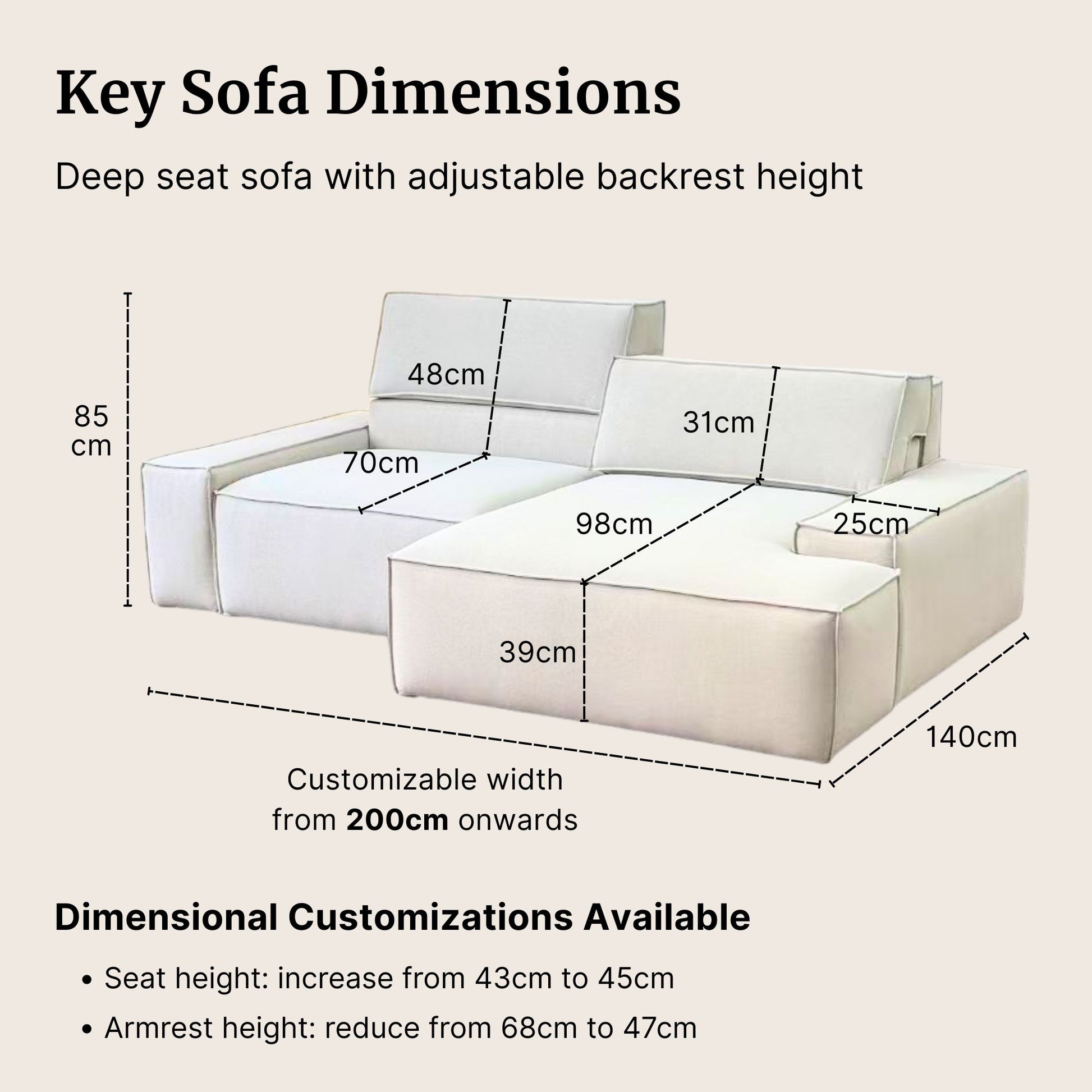 Diagram of a deep seat sofa with adjustable backrest height, showing dimensions on a beige background.