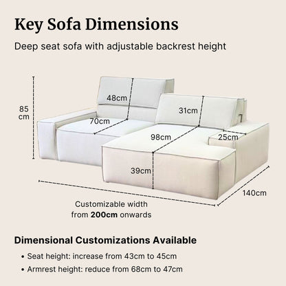 Diagram of a deep seat sofa with adjustable backrest height, showing dimensions on a beige background.