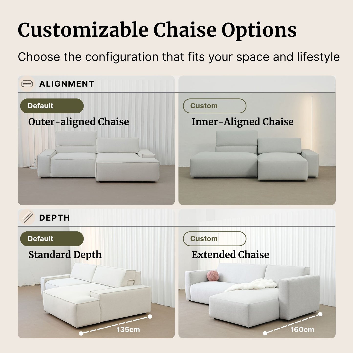 Customizable chaise options for a sofa with alignment and depth choices.