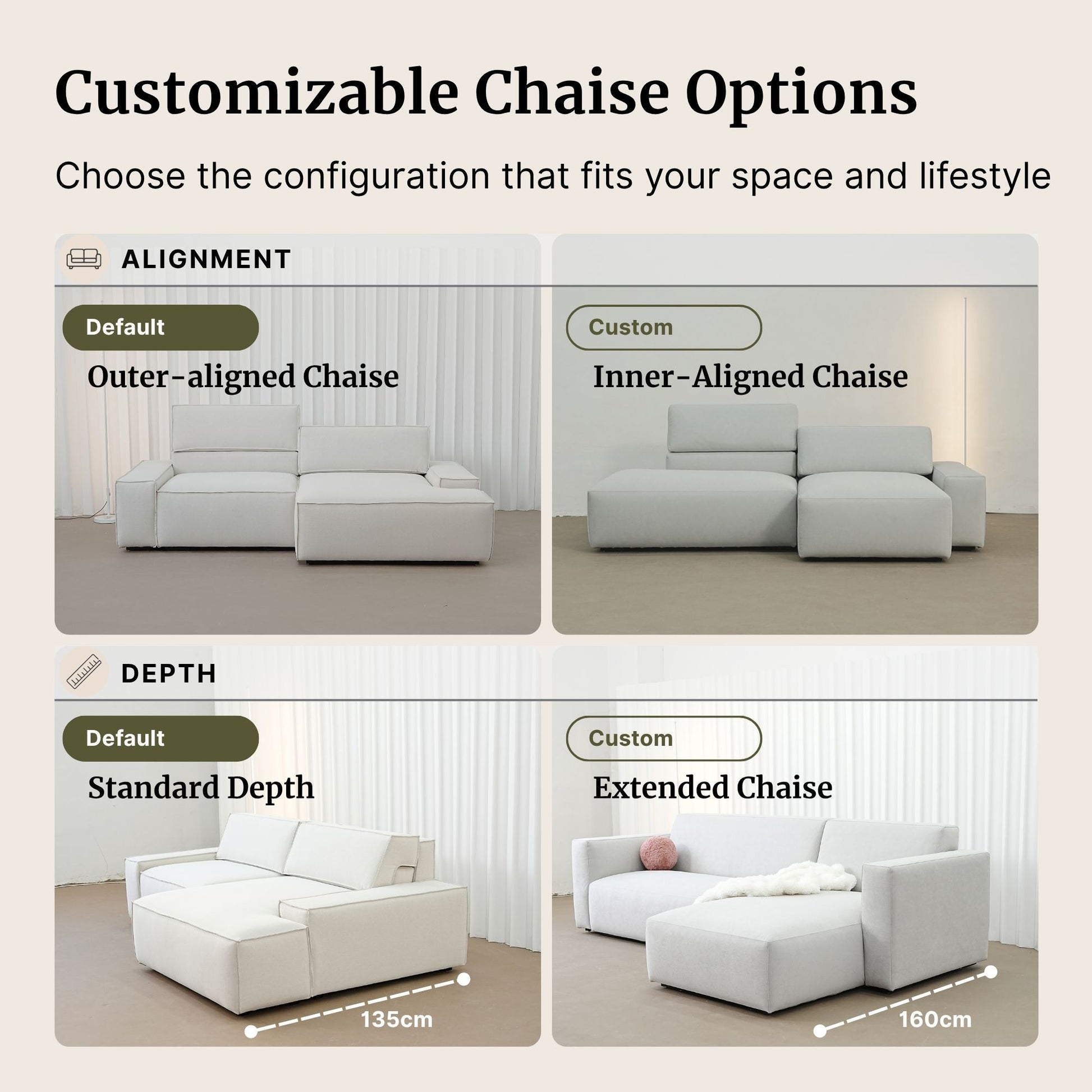 Customizable chaise options for a sofa with alignment and depth choices.