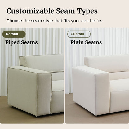 Comparison of piped seams and plain seams on a sofa.