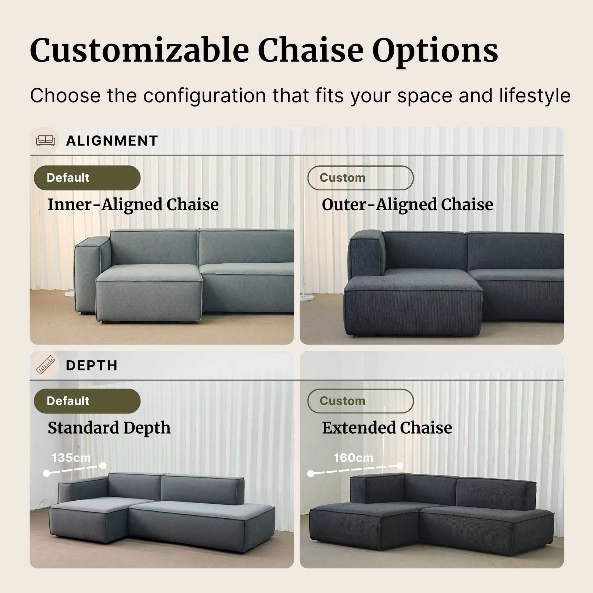 Comparison of customizable chaise options for a sofa with different alignments and depths.