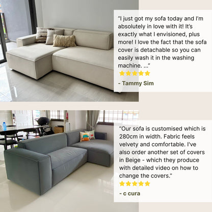 Sectional sofa with detachable cover in a living room setting, featuring customer reviews.