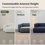 Three different armrest height settings of a modern sofa with text labels.