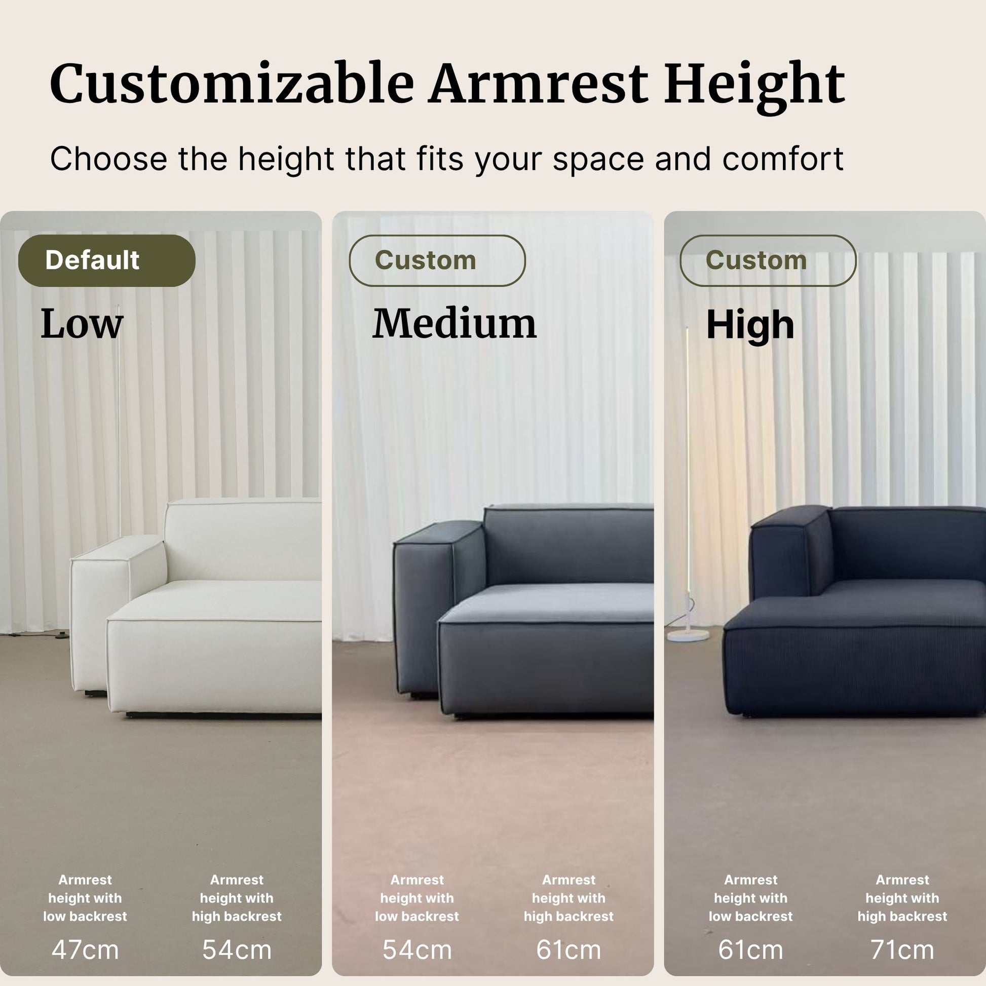 Three different armrest height settings of a modern sofa with text labels.