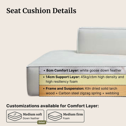 Seat cushion with detailed specifications on a beige background