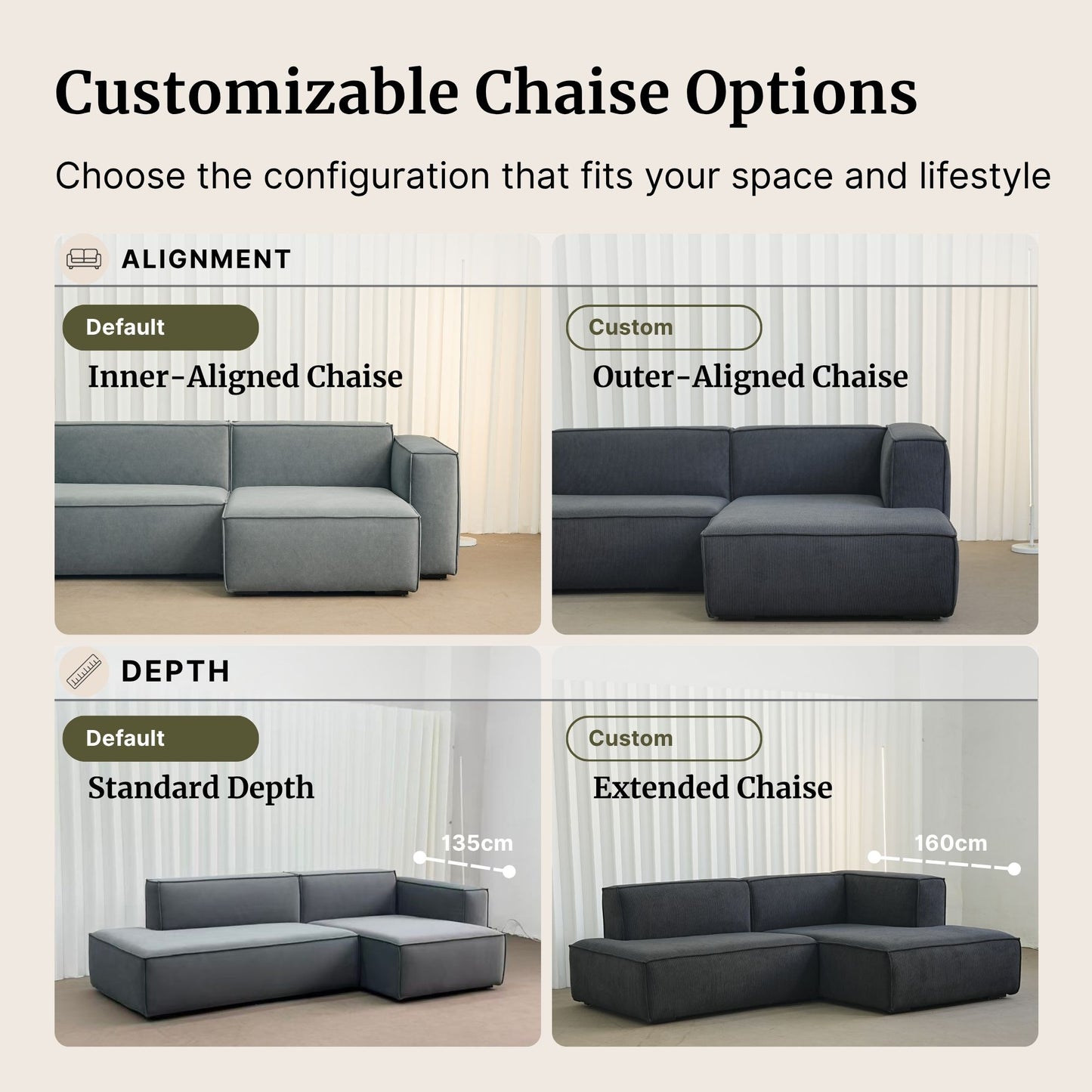 Customizable chaise options for a sofa with alignment and depth choices.