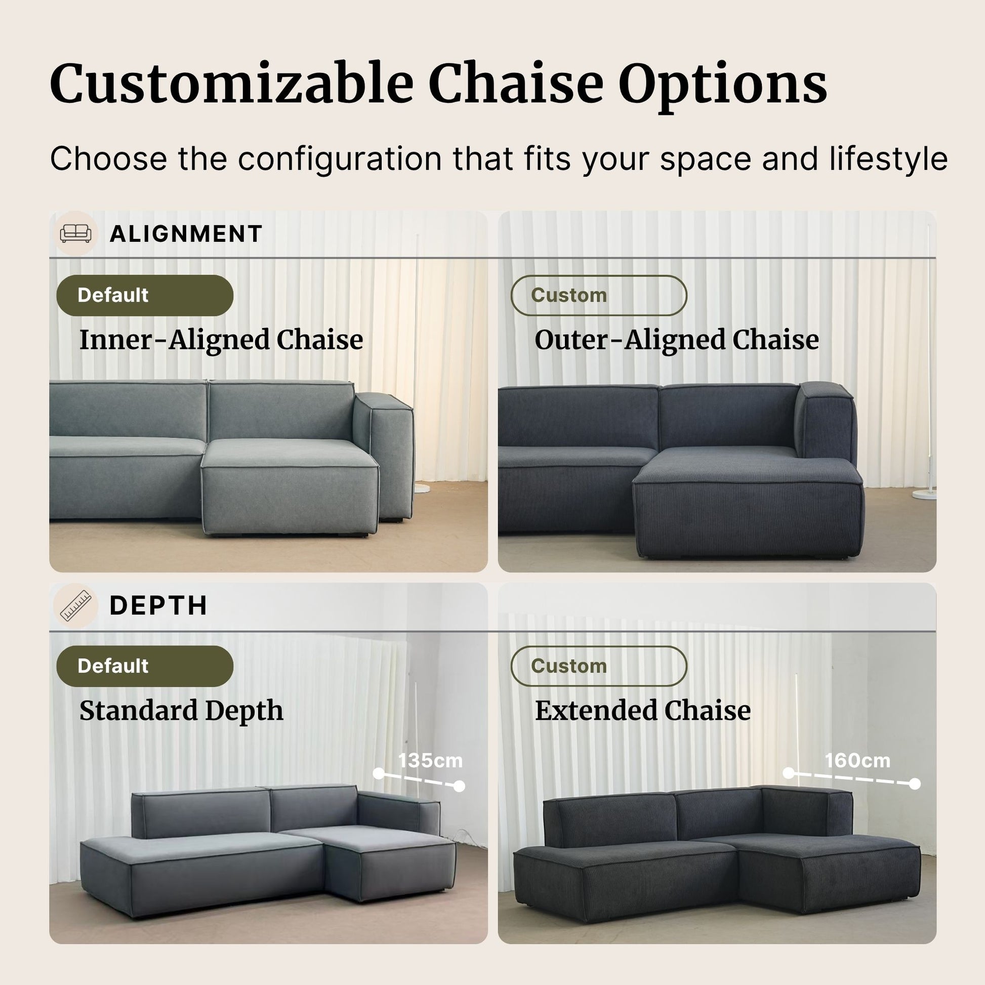 Customizable chaise options for a sofa with alignment and depth choices.