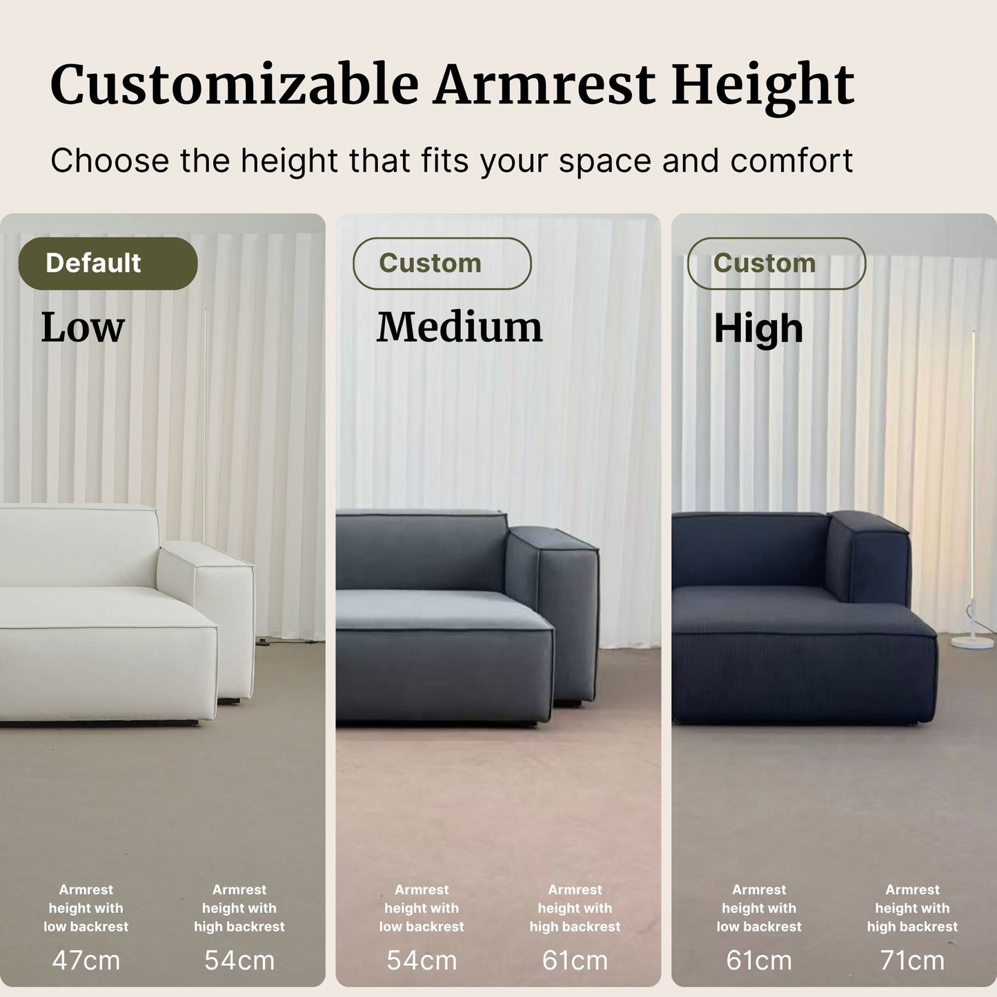 Three different armrest height settings of a modern sofa with text labels.