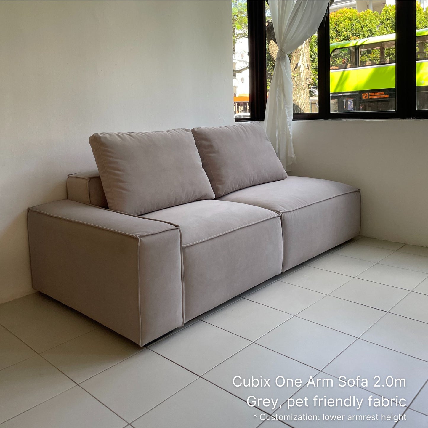 200cm 3 seater Cubix fabric one arm sofa with left arm in grey pet friendly fabric in living room