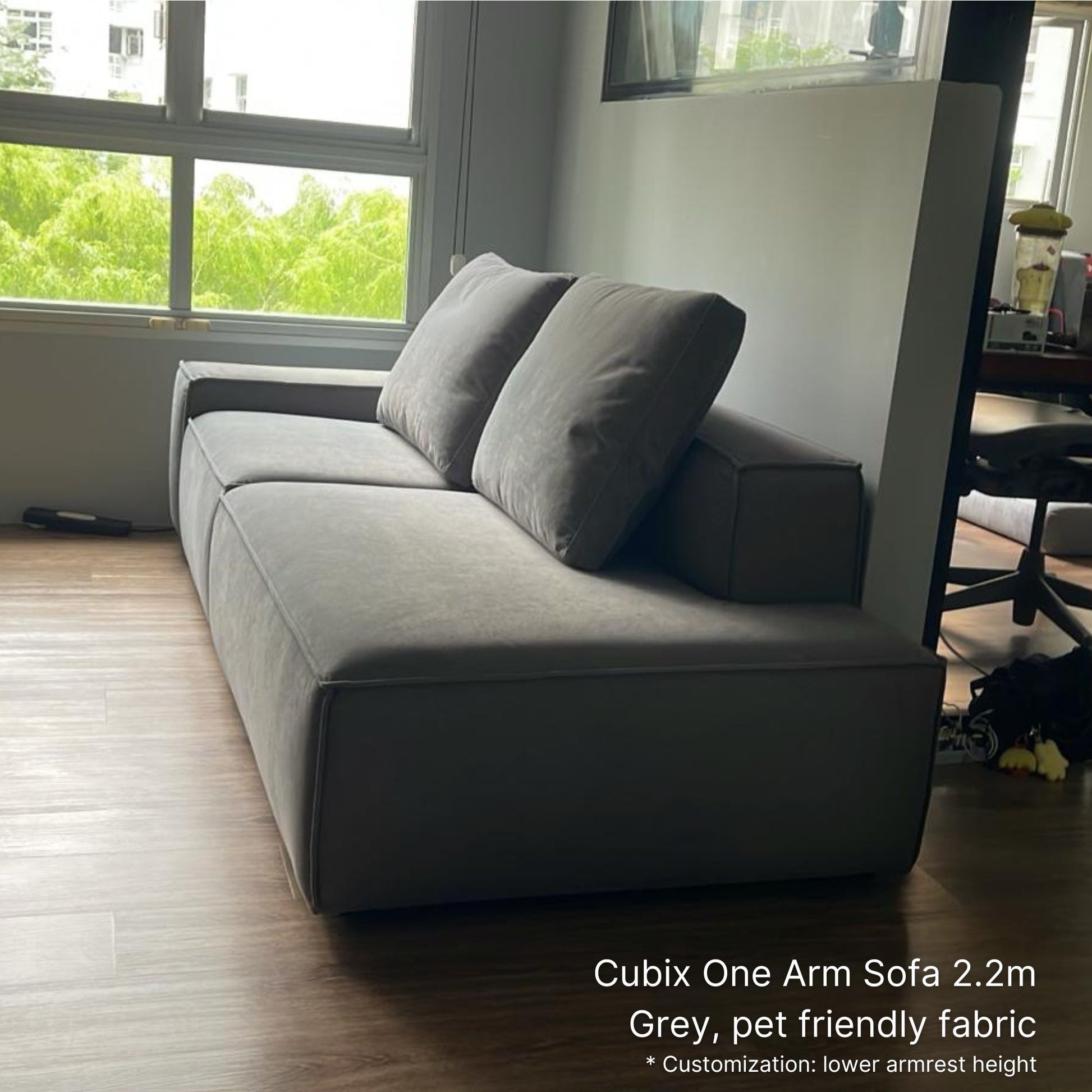 220cm 3 seater Cubix fabric one arm sofa with left arm in grey pet friendly fabric in customer's living room