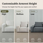 Three different armrest height options for a sofa with text labels.