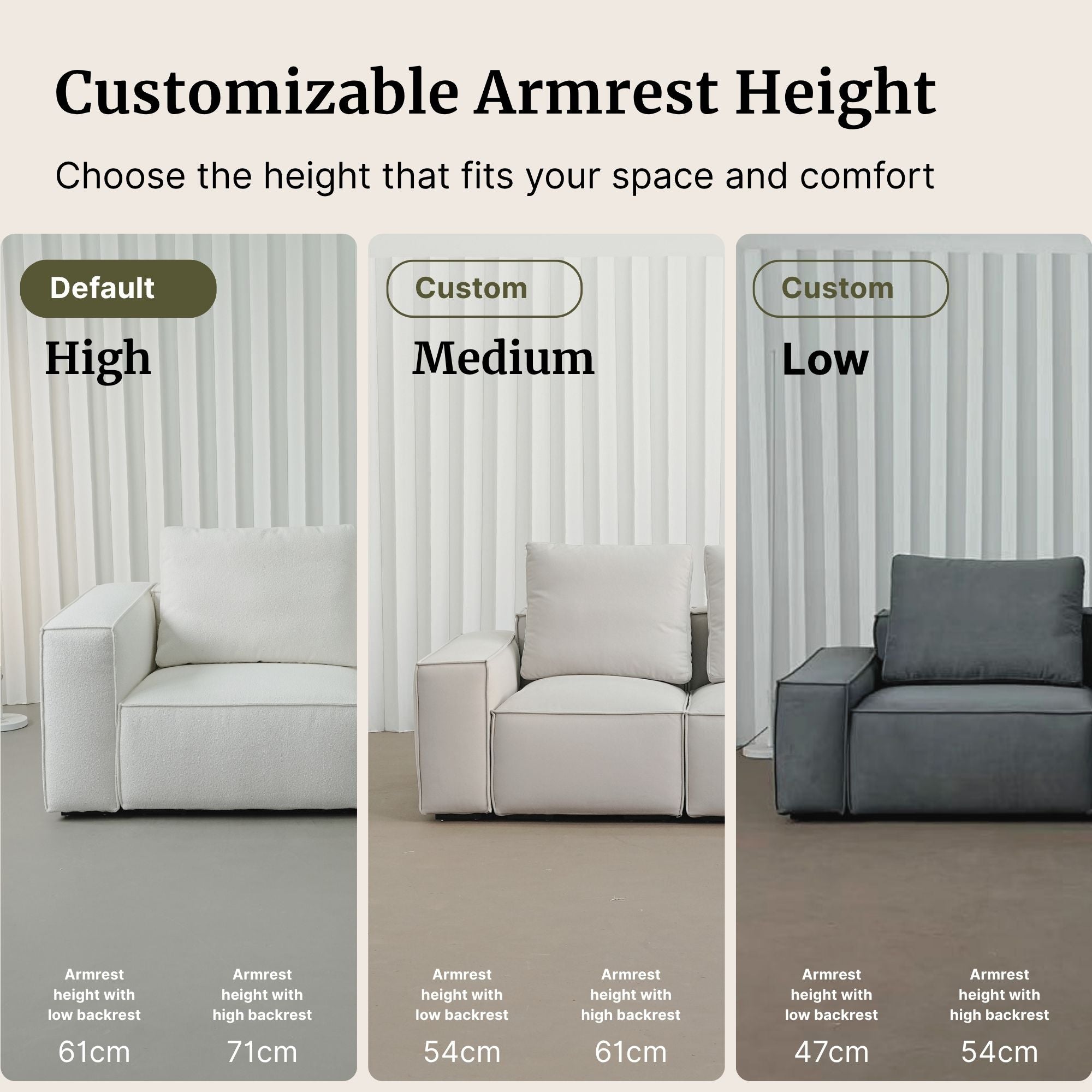 Three different armrest height options for a sofa with text labels.