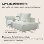 Diagram of Cubix fabric one arm sofa with dimensions labeled on a beige background