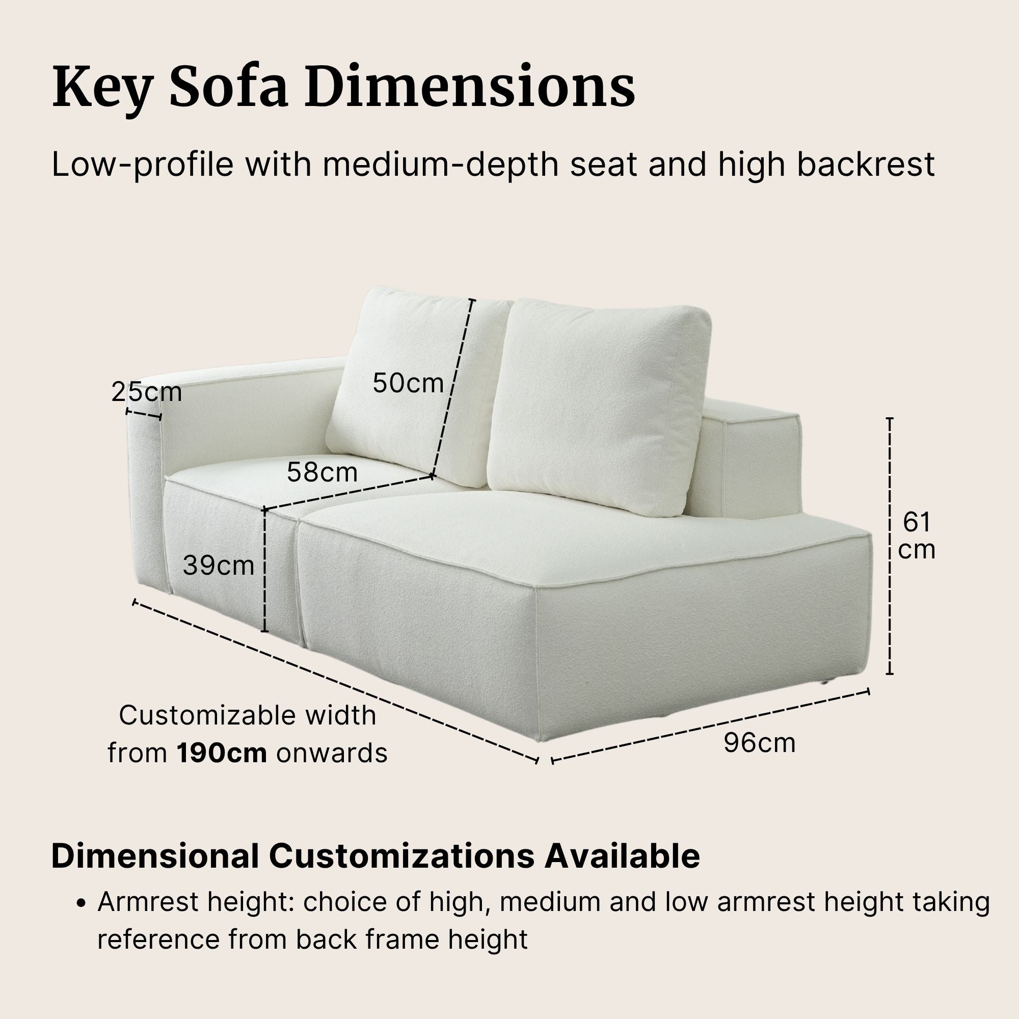 Diagram of Cubix fabric one arm sofa with dimensions labeled on a beige background