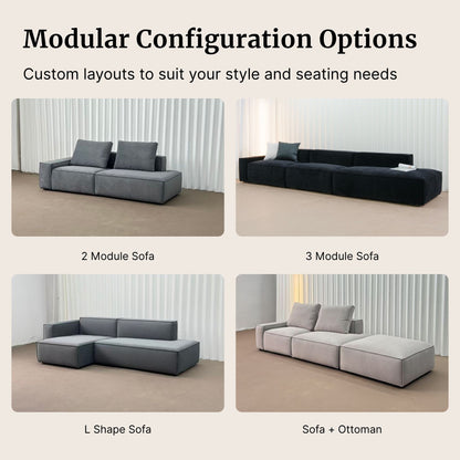 Modular sofa configuration options with text on a neutral background