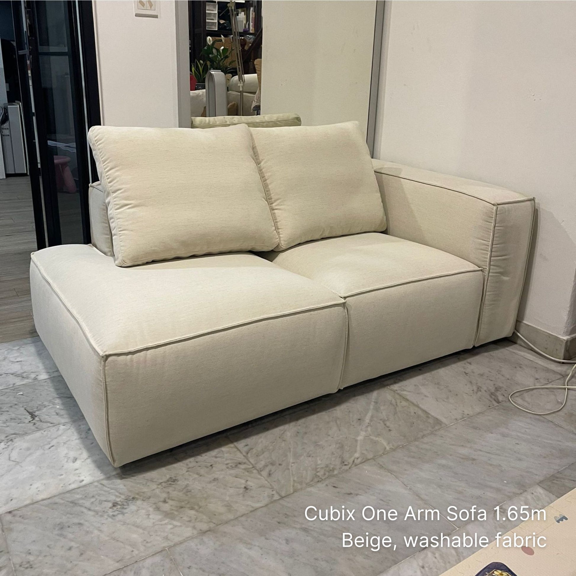 2 seater 165cm Cubix fabric one arm sofa with right arm in beige washable fabric
