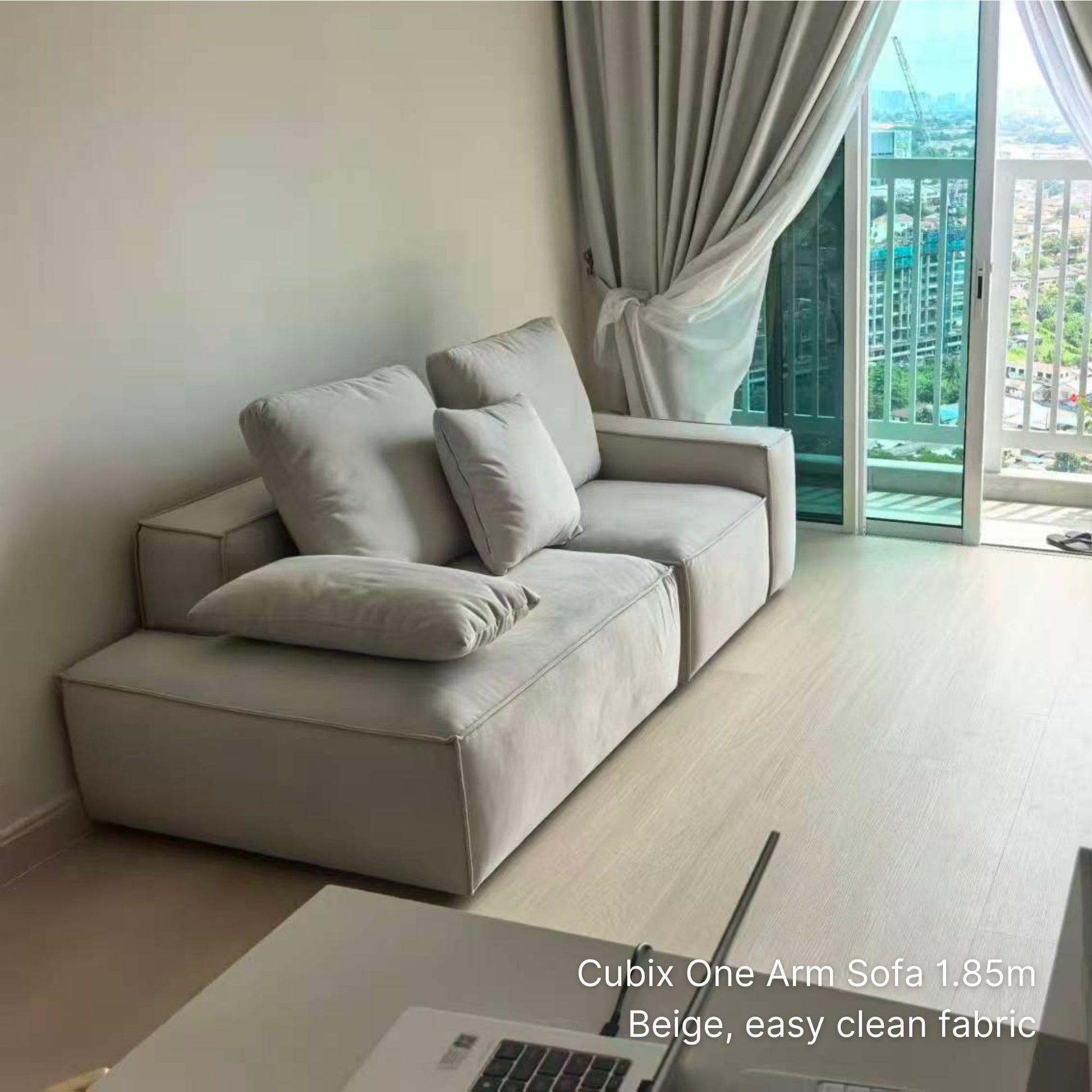 185cm 2 seater Cubix fabric one arm sofa in beige easy clean fabric in customer's living room