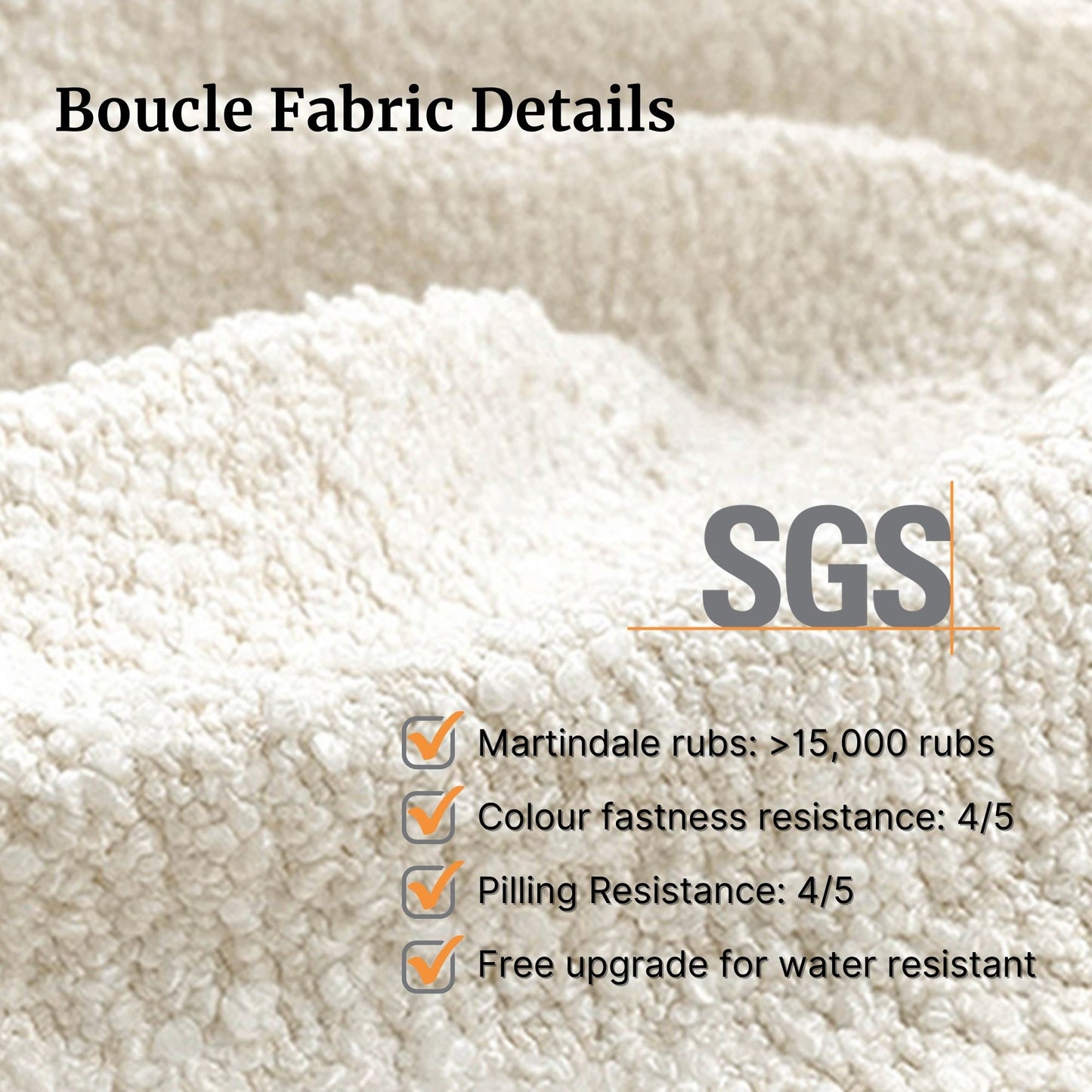 Boucle fabric with SGS certification details on a beige background