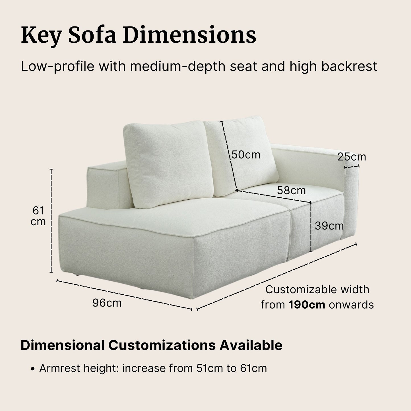 White sofa with dimensions labeled on a beige background