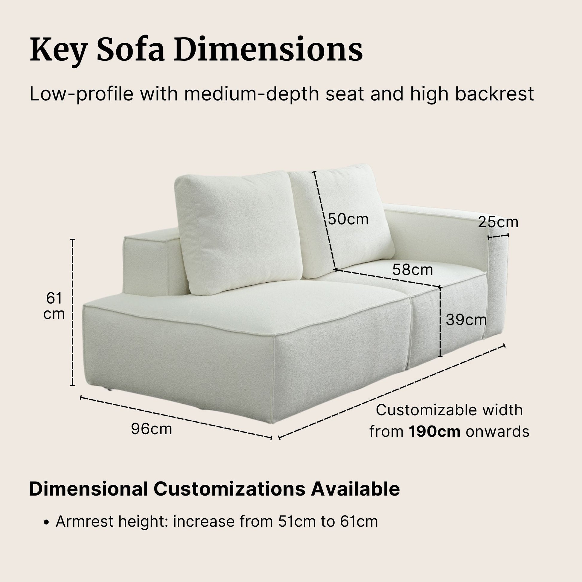 White sofa with dimensions labeled on a beige background