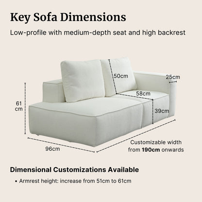 White sofa with dimensions labeled on a beige background