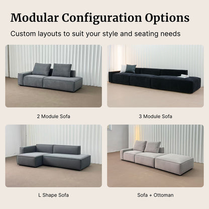 Modular sofa configuration options with text on a neutral background