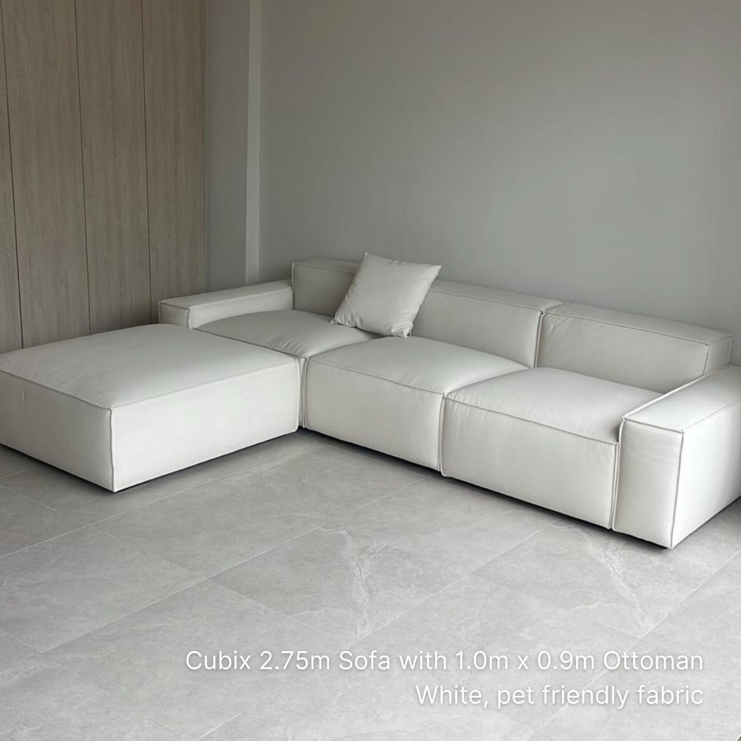 Sample ottoman at 100cm x 90cm paired with 4 seater Cubix fabric sofa, both in white pet friendly fabric, delivered to our customer's living room
