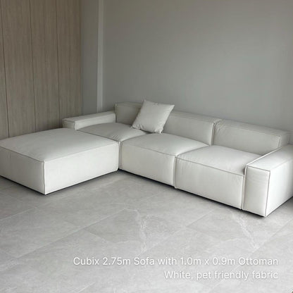 Sample ottoman at 100cm x 90cm paired with 4 seater Cubix fabric sofa, both in white pet friendly fabric, delivered to our customer's living room