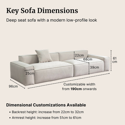 Cubix fabric sofa with dimensions labeled on a beige background