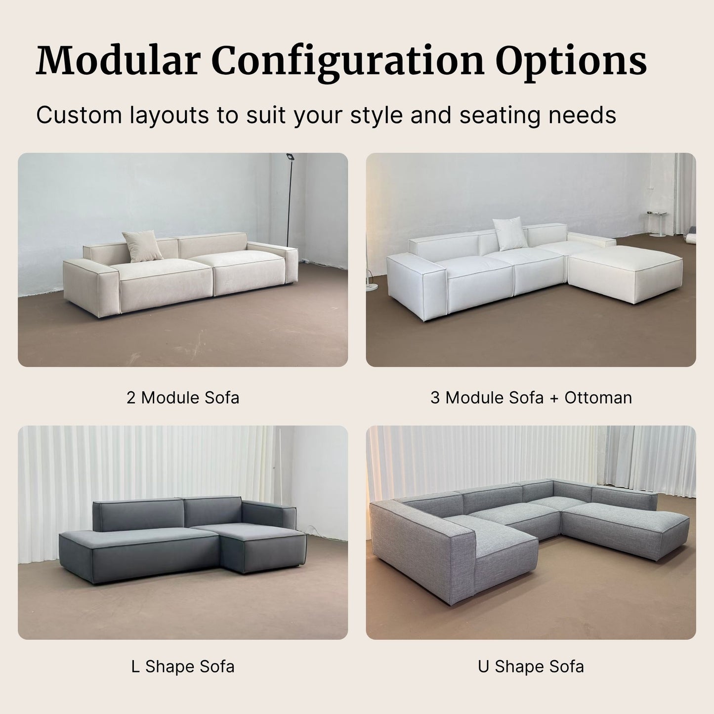 Modular sofa configuration options with text on layout customization.